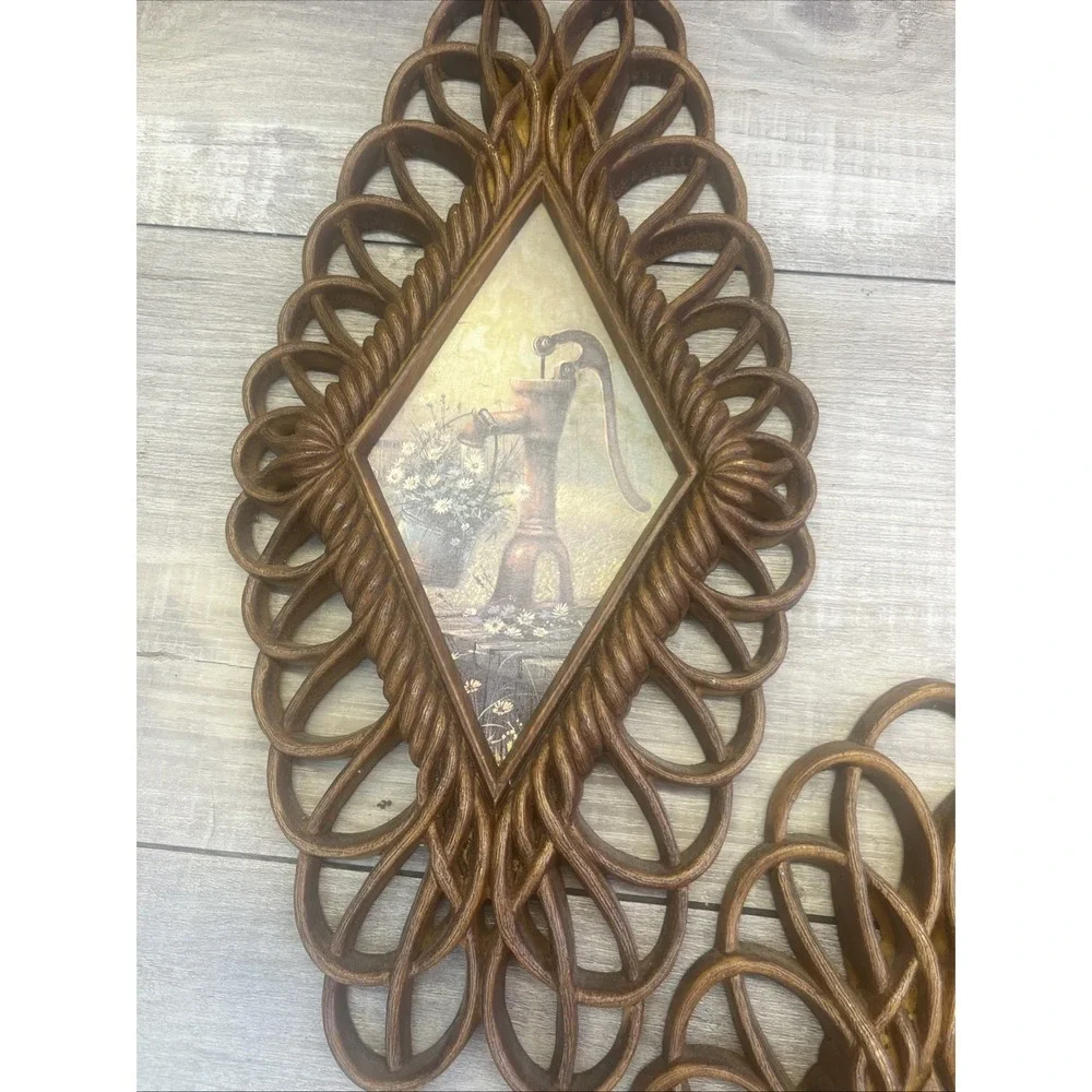 Country Scene #1350 Diamond Plaques Burwood Set Rustic Set Of 4 Wall Hanging Vtg